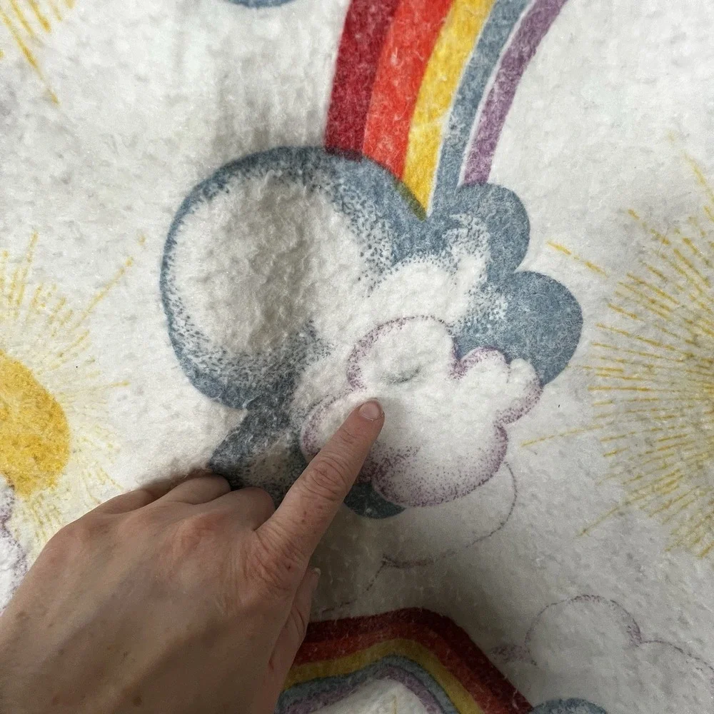 Vintage Rainbow‎ Cloud Sun Fleece Baby Blanket Lavender Satin Trim Retro Nursery